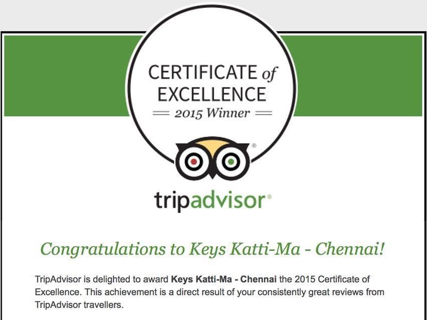 TripAdvisor Certificate of Excellence 2015 — Keys Katti-Ma Hotel Chennai